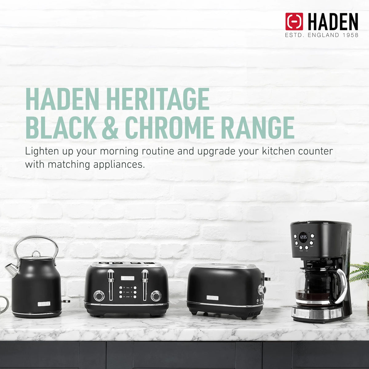 Haden Coffee Maker & Heritage 1.7 Liter Electric Kettle, Black & Chrome