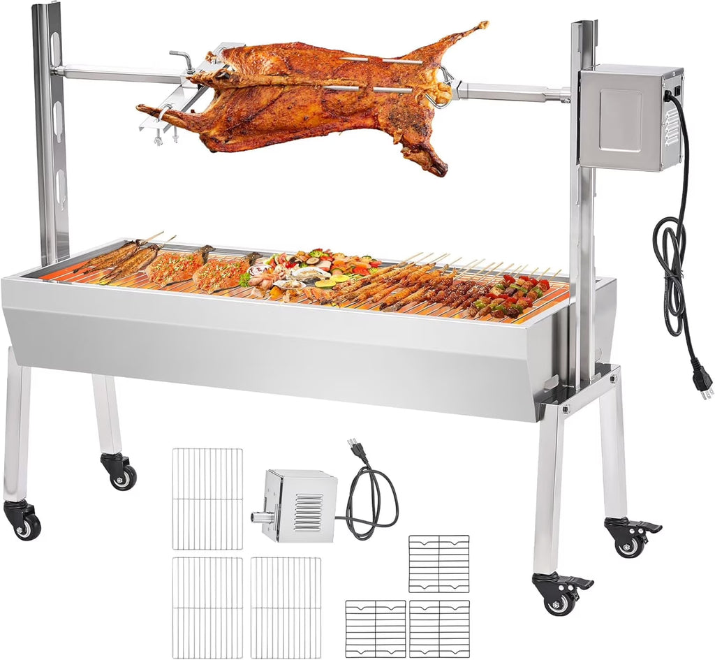 LUXOAK Electric BBQ Rotisserie Grill Kit, 46" 132 Lbs Capacity, 45W Motor, Height-Adjustable Stainless Steel Pig Roaster with Triangular Stability Support Stand for Pig Lamb