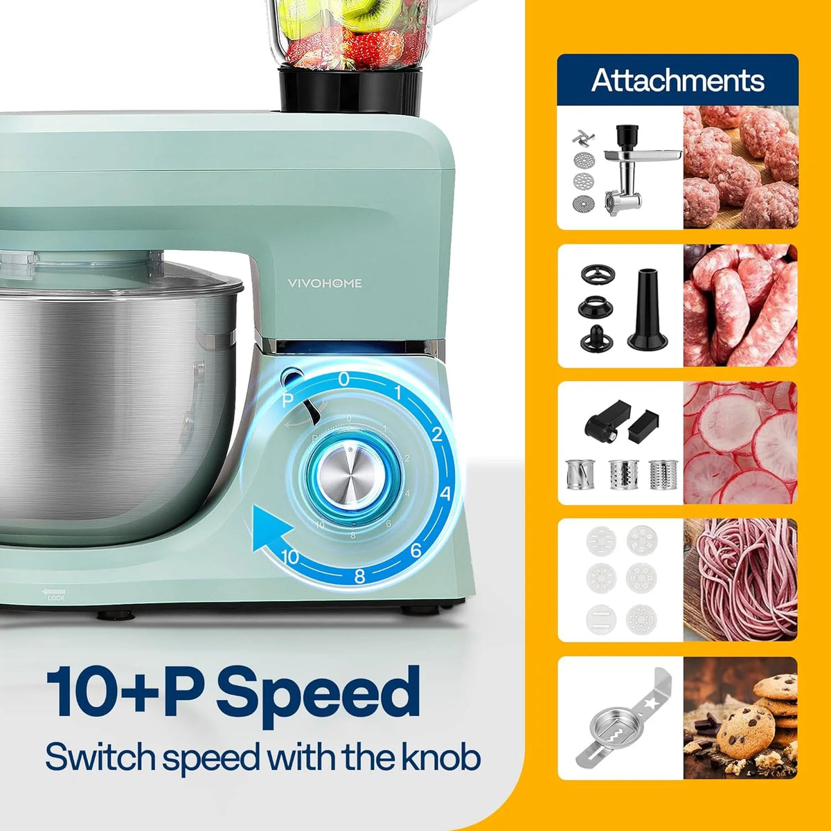 SPECSTAR 6 in 1 Multifunctional Stand Mixer with 8.5 Quart Stainless Steel Bowl, 660W 10 Speed Tilt-Head, Silver