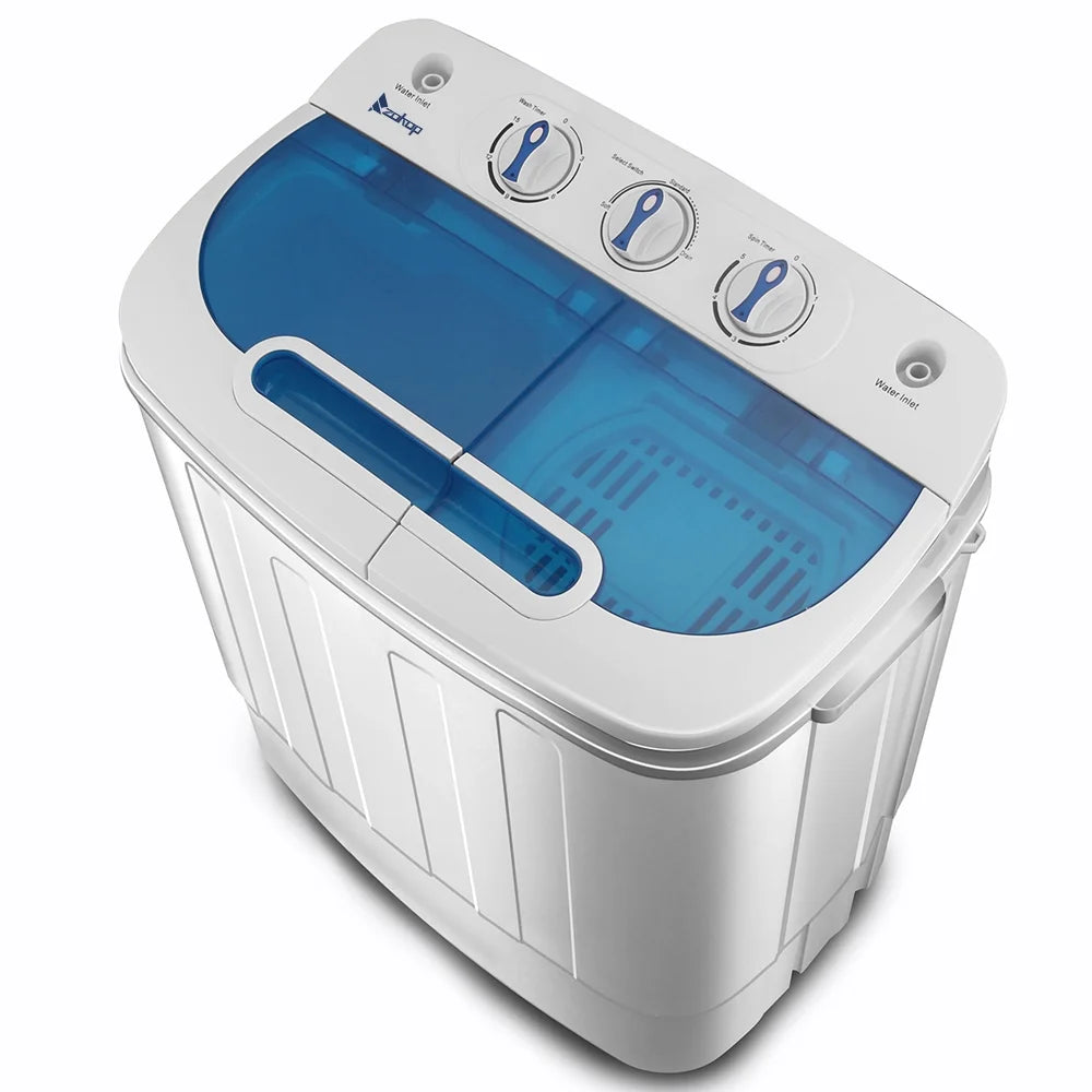 Semi-automatic Twin Tub Washing Machine with Built-in Drain Pump, 13Lbs Capacity, US Standard, White & Blue, Compact Design for Small Spaces