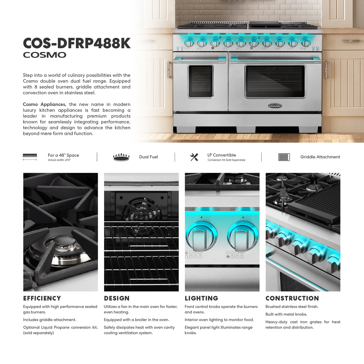 Cosmo 48 in. Lumin Collection 5.5 cu. ft. Double Oven Dual Fuel Range with 8 Burners, Cast Iron Grates in Stainless Steel