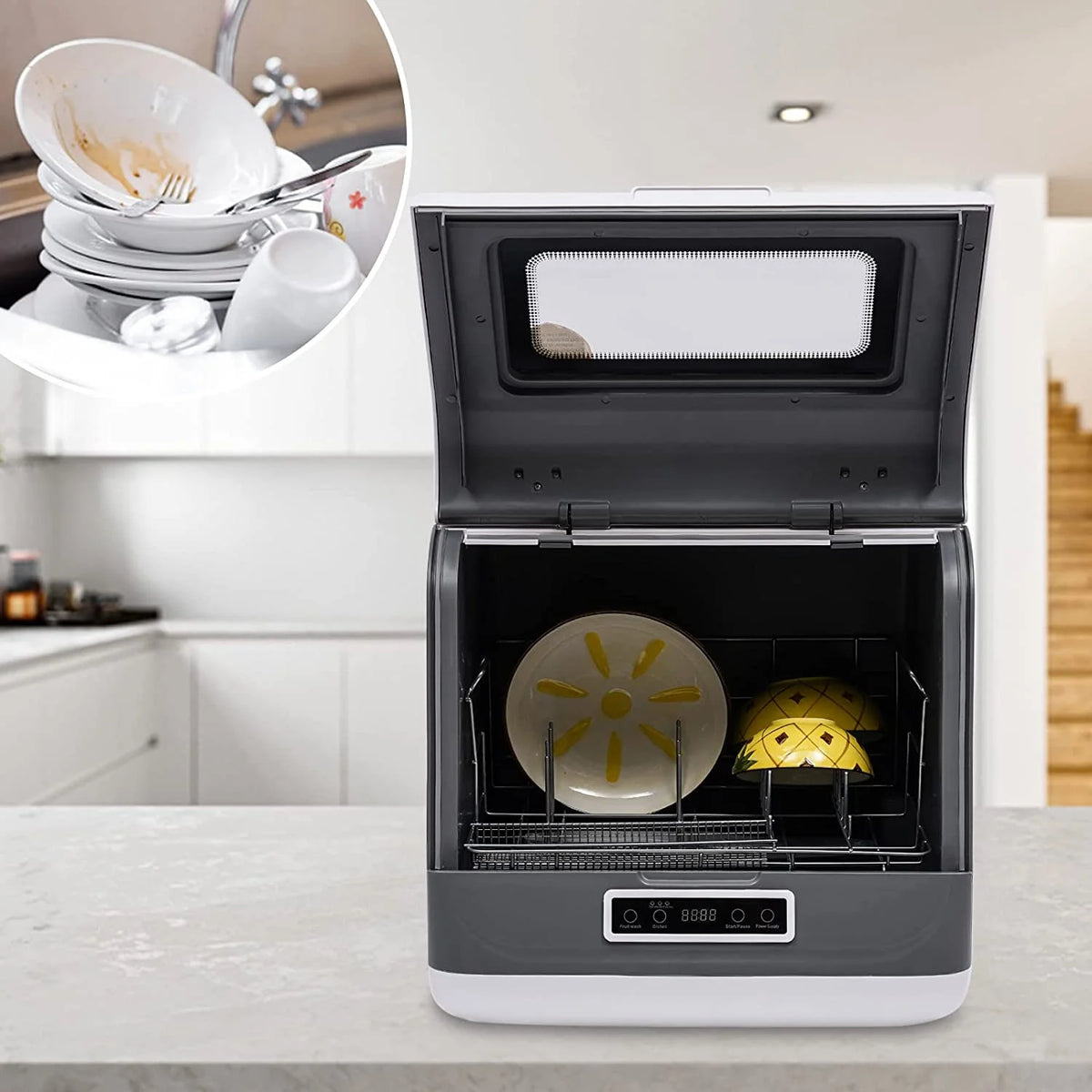 Countertop Dishwasher, Portable Dishwasher With Water Tank, 3 Washing Programs, 360-Degree Water Spraying, 75��C Hot Air Drying Technology, 110v, 1200w (Black+Brown)