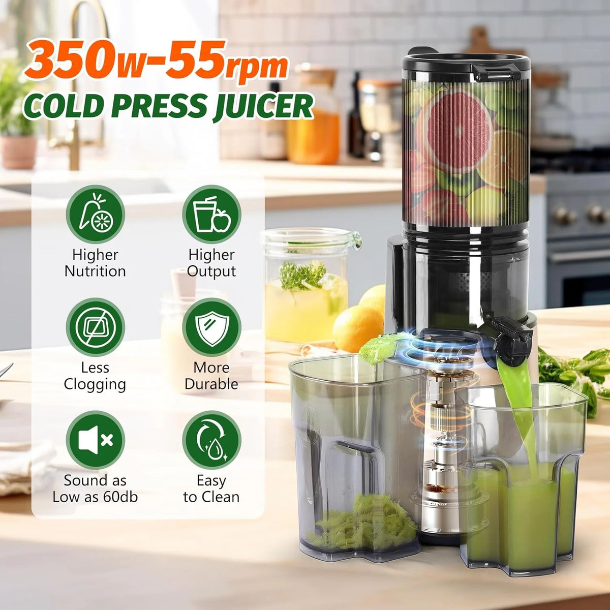 YPONE Cold Press Juicer, Masticating Juicer with 5.4" Wide Feed Chute, 350w Slow Juicer Machines Fit Whole Vegetables and Fruits,Juice Extractor Machine with High Juice Yield, Easy to Clean(Black)