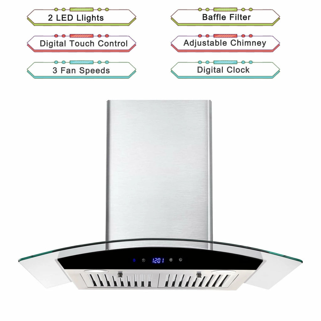 Tieasy 30 inch Wall Mount Range Hood Stainless Steel 700 CFM Black Touch Panel Kitchen Vent Fan