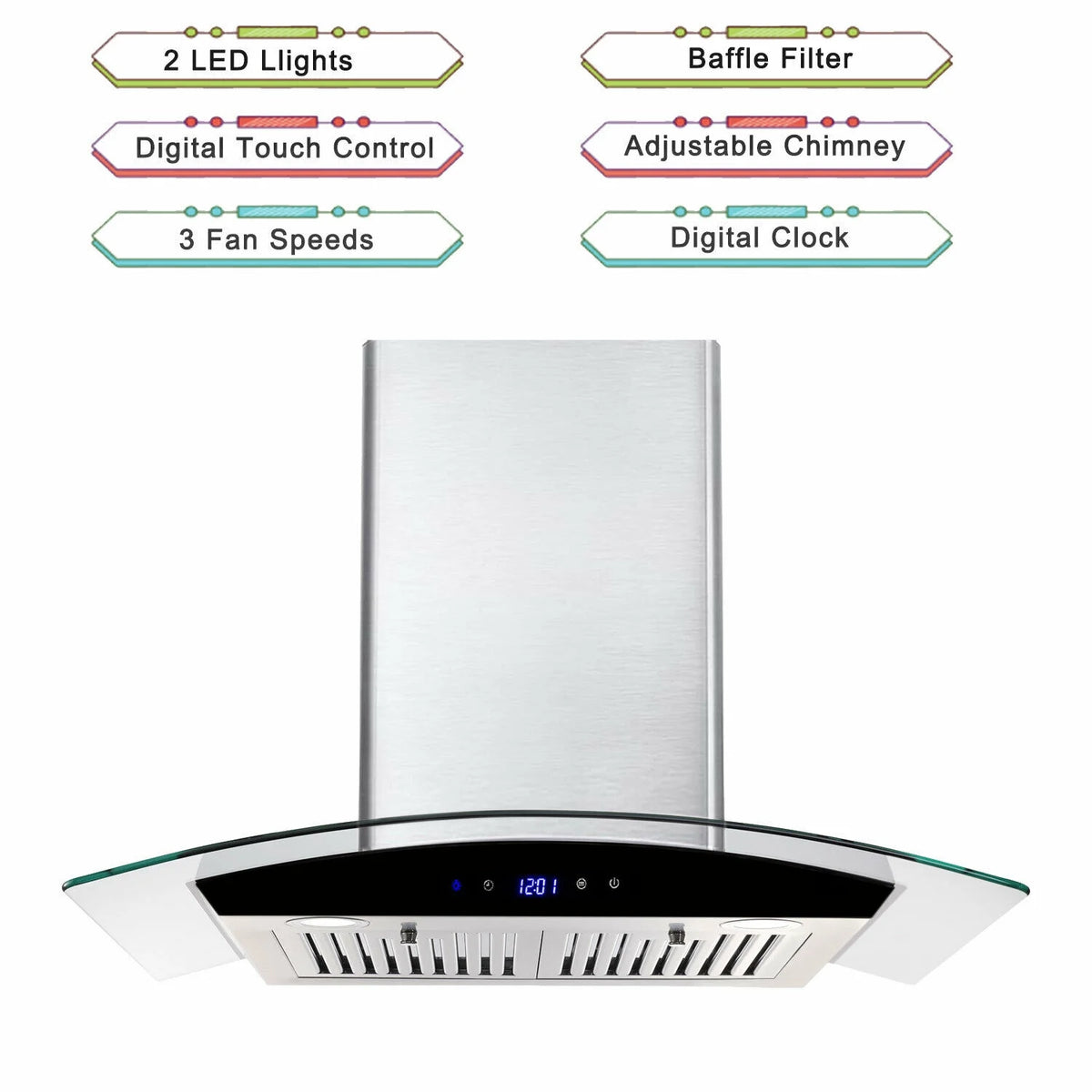 Tieasy 30 inch Wall Mount Range Hood Stainless Steel 700 CFM Black Touch Panel Kitchen Vent Fan