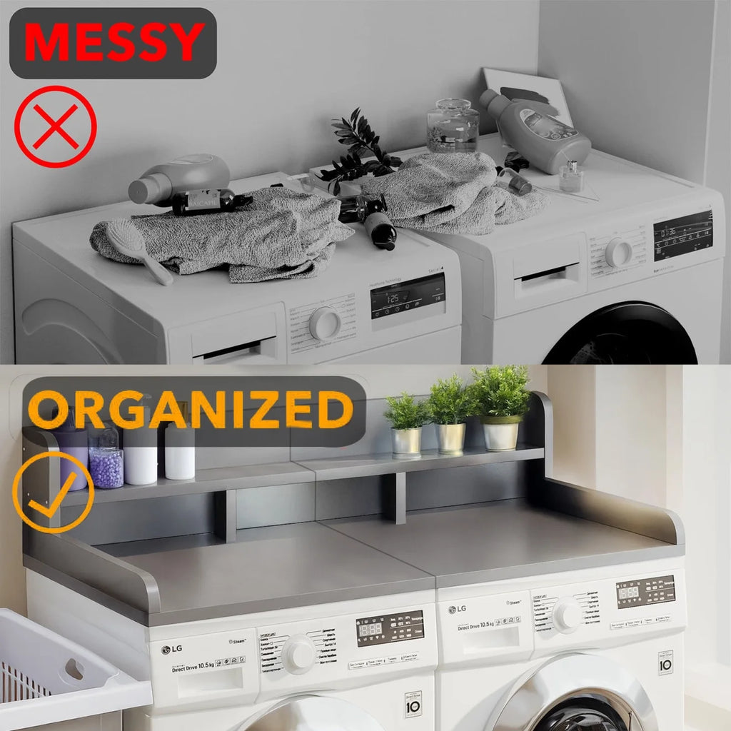 Wood 2-Tier Washer Dryer Countertop with Edge Rails, 54" W x 27.5" D Washer and Dryer Topper for Laundry Room Organization and Storage, Walnut
