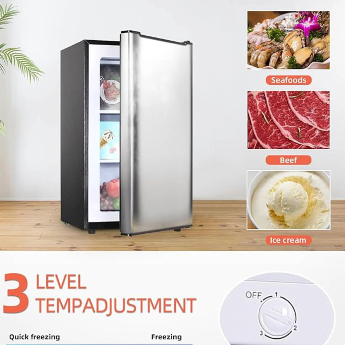 3.2 Cu.FtUpright Freezer , Single Door Mini Freezer ,Adjustable Thermostat, Compact Refrigerator for Bedroom, Dorm, Silvery