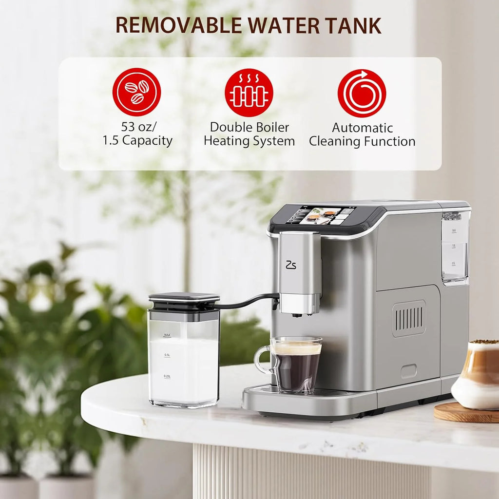 Fully Automatic Espresso Machine, 7 Coffee Varieties, 20-Bar Coffee Espresso Machine with Automatic Milk Frother, 7 Coffee Varieties, Intuitive Touch Display, 1.5-L Water Tank
