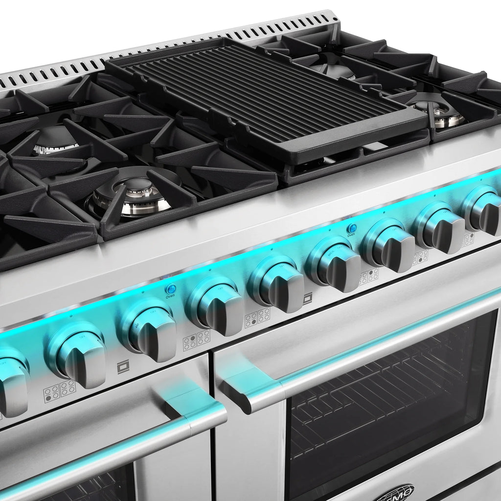 Cosmo 48 in. Lumin Collection 5.5 cu. ft. Double Oven Dual Fuel Range with 8 Burners, Cast Iron Grates in Stainless Steel