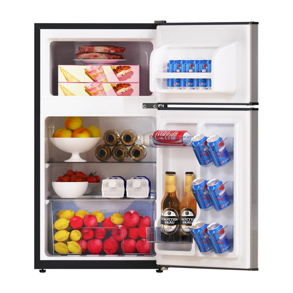 Frestec 3.2 Cu ft Two Door Mini Fridge with Freezer, Stainless Steel, E-Star