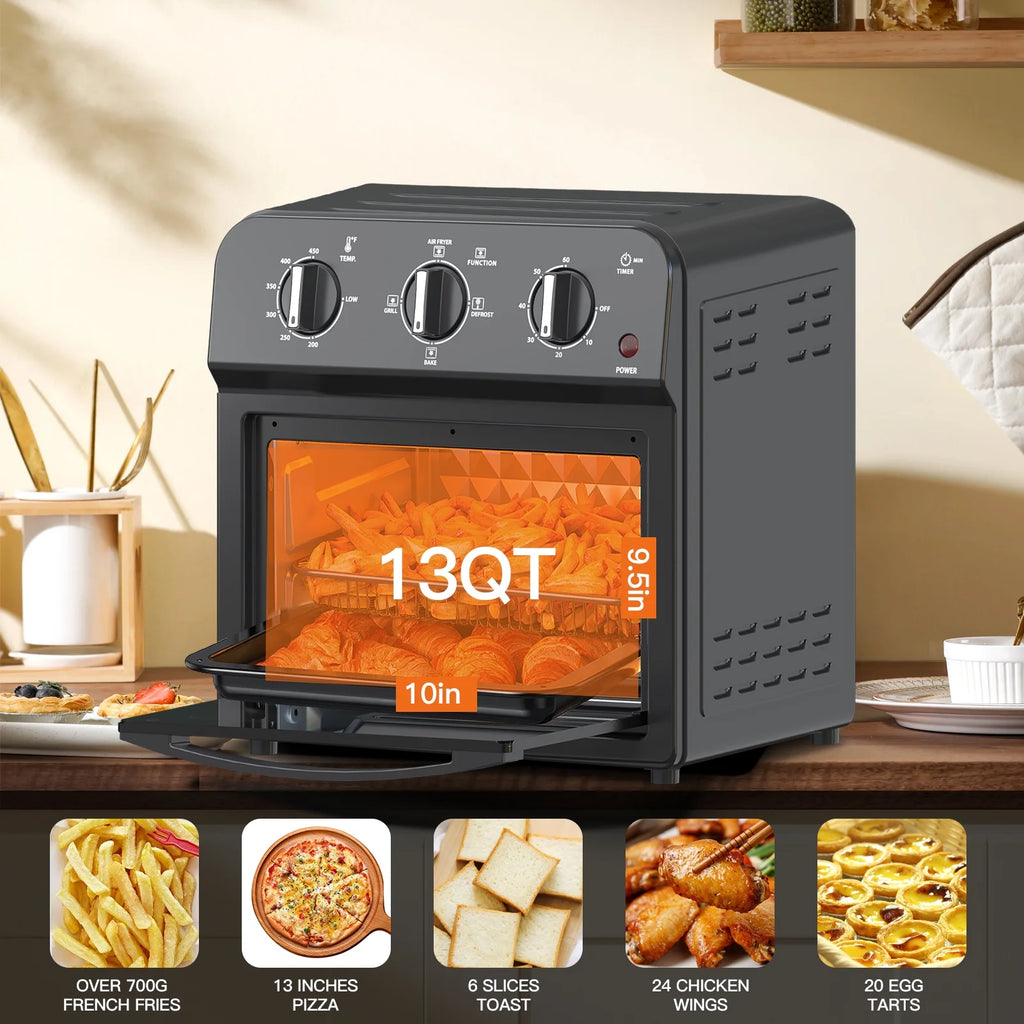 Plum Chef 13QT Air Fryer Toaster Oven Combo, 7-in-1 Multifunctional Countertop Oven with 360�� Hot Air Circulation for Healthy Oil-Free Cooking, Family Size, Stainless Steel, Silver