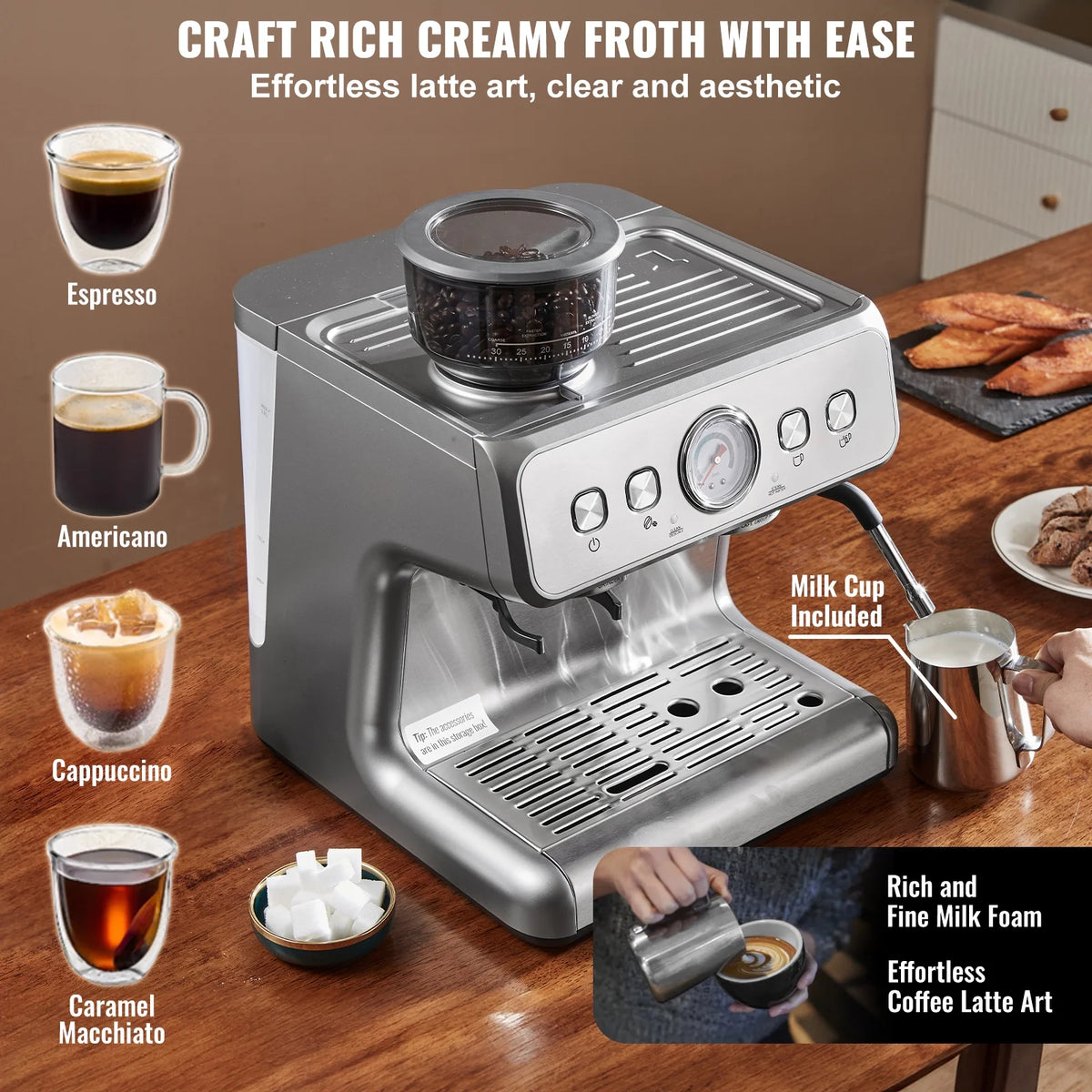 KFFKFF Coffee Machine with Grinding Feature, 15 Bar Semi-Auto Coffee Brewer with Milk Frothing Wand, Detachable Water Reservoir & Pressure Indicator for Cappuccino, Latte, Machiato, PID Regulation
