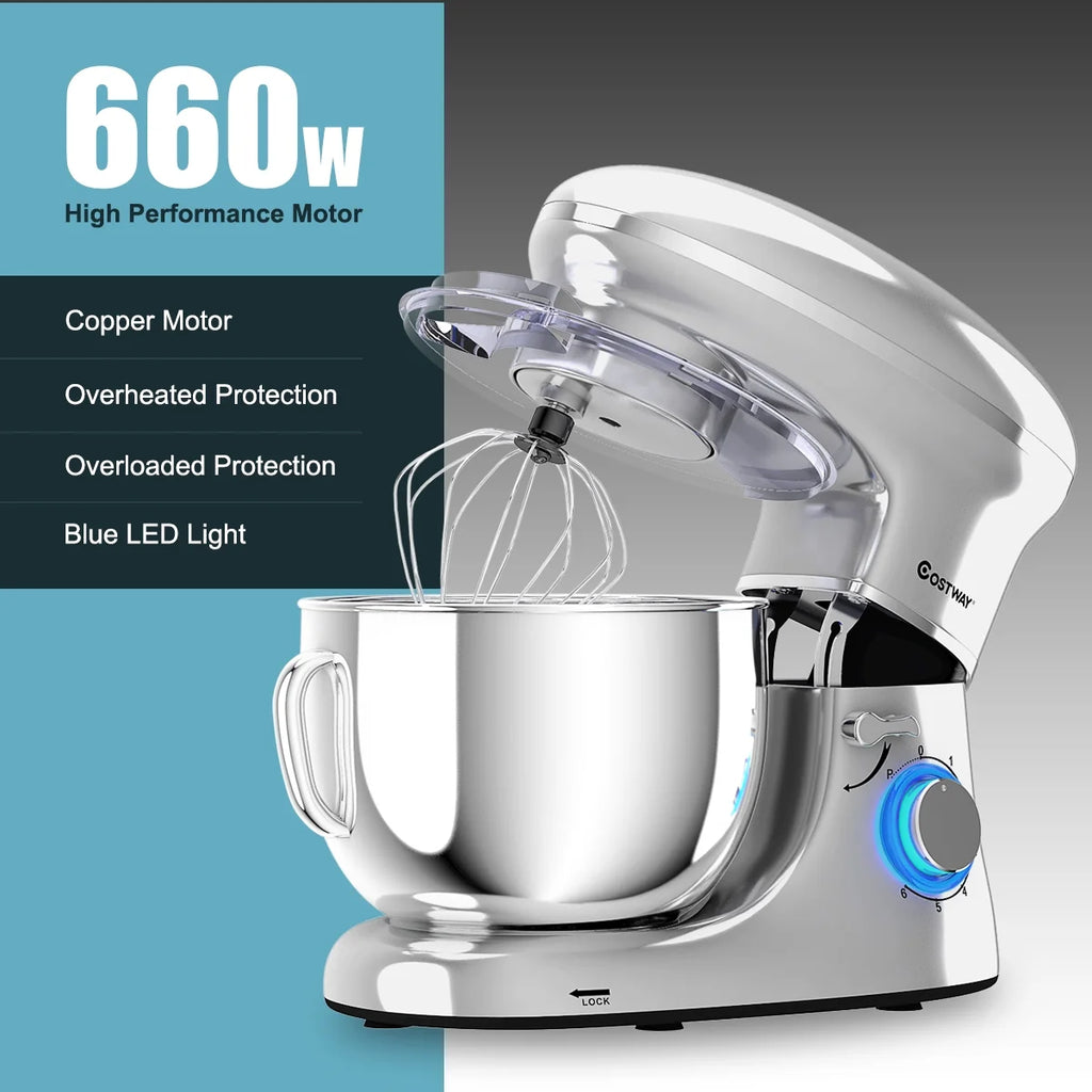 Costway 6.3 QT Tilt-Head Food Stand Mixer 6 Speed 660W wIth Dough Hook, Whisk & Beater Black