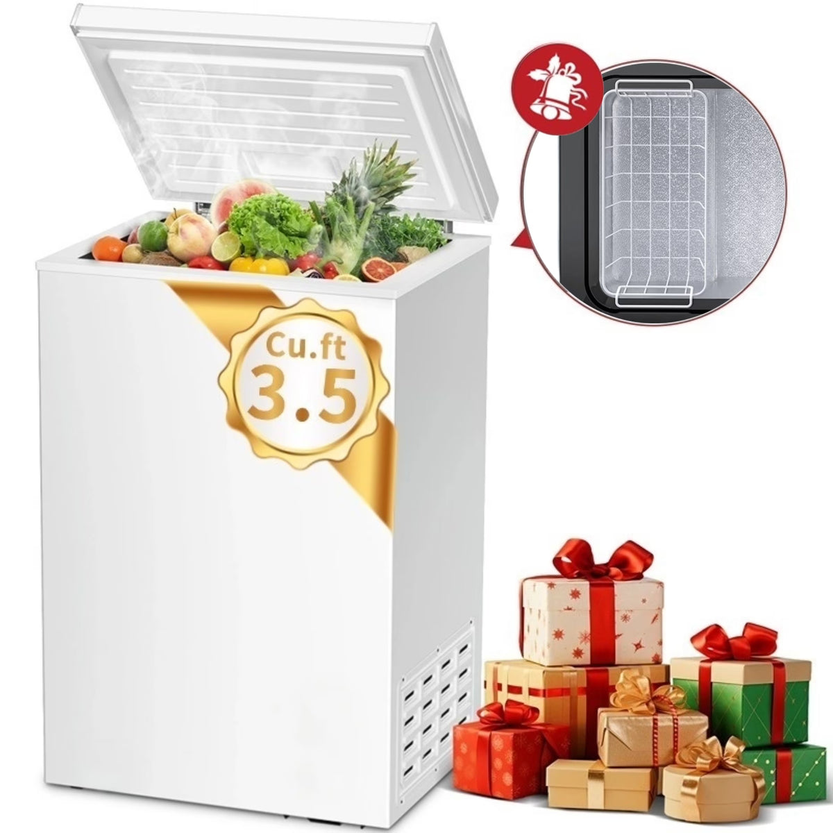 LHRIVER Mini Freezer Chest 3.5 cu ft, Deep Freezer & Side Handle, Compact Freezer with 7 Gear Adjustable Temperature, Removable Storage Basket, Black