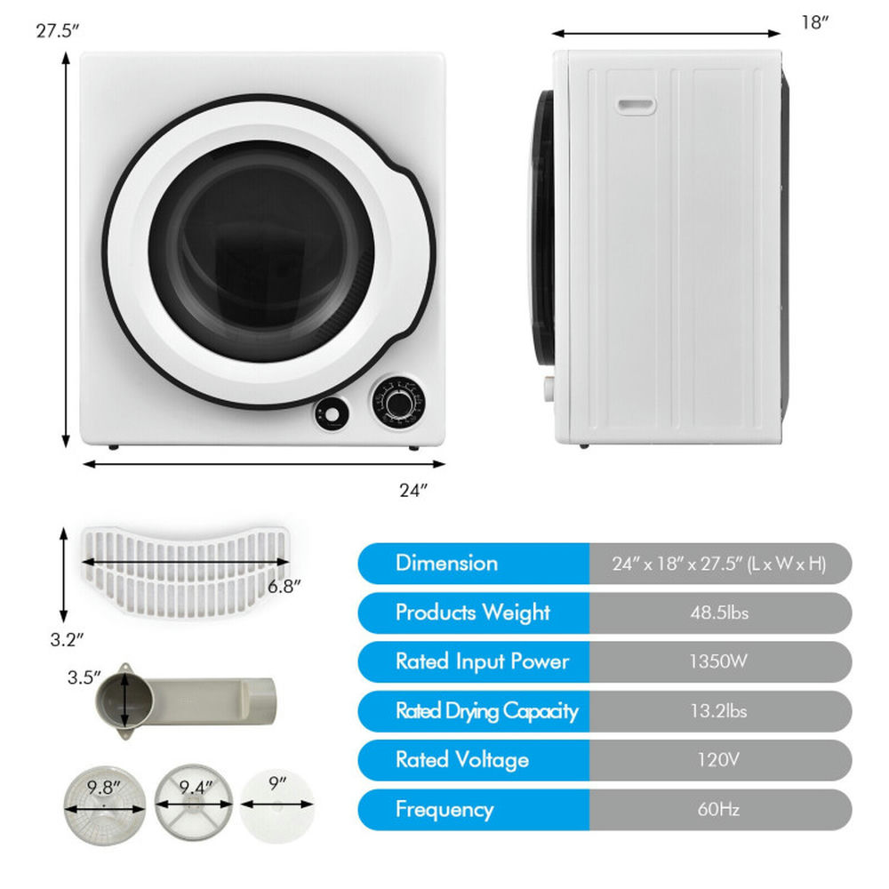 Spaco Compact Electric Tumble Laundry Dryer with Stainless Steel Tub, Large Capacity and Alternative Heating Electric Dryer, Electric Dryer for Indoor, White