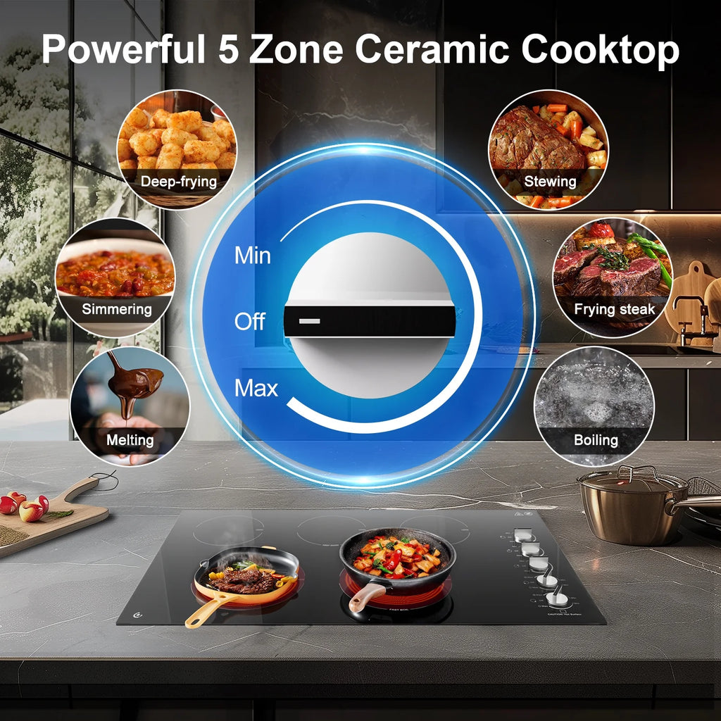 5 Burner Electric Stove, Sunmaki 36 inch Built-in Electric Cooktop 8900W Power Control by Knob for Home/Restaurant, 220V-240V
