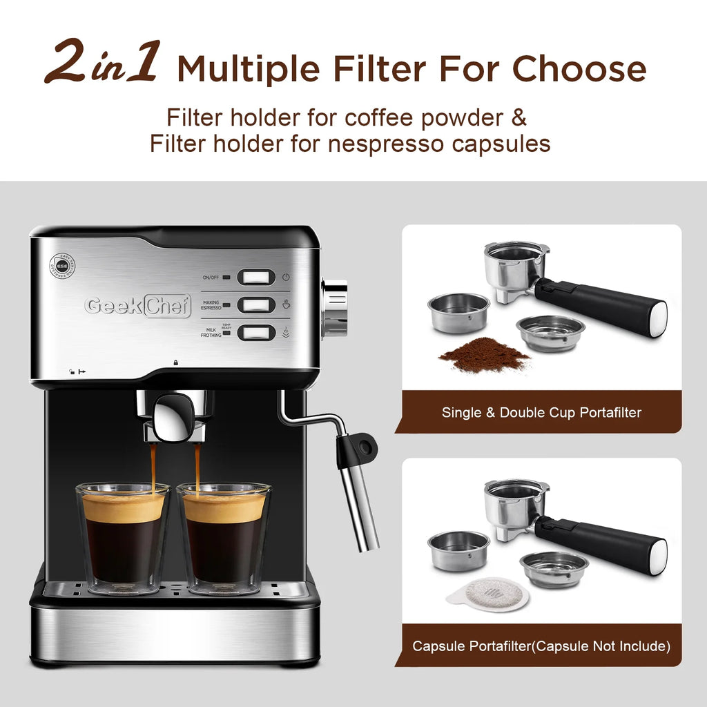 COOKCOK Espresso Machine 20 Bar,Expresso Coffee Machine With Milk Foaming Steam Wand,Espresso and Cappuccino Maker,ESE POD capsules filter,For Home Barista,Detachable Frothing Nozzle,1.5L Water Tank