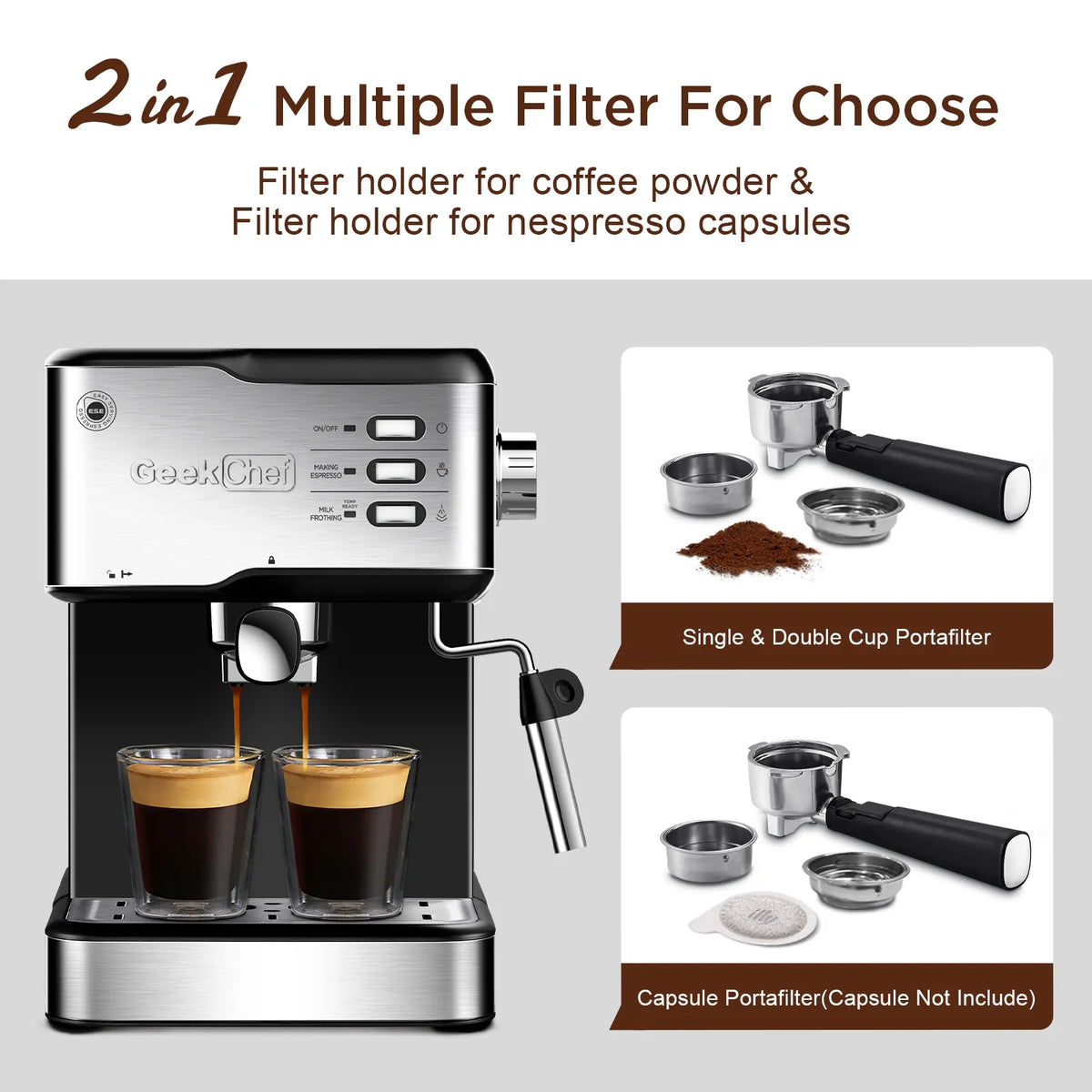 COOKCOK Espresso Machine 20 Bar,Expresso Coffee Machine With Milk Foaming Steam Wand,Espresso and Cappuccino Maker,ESE POD capsules filter,For Home Barista,Detachable Frothing Nozzle,1.5L Water Tank