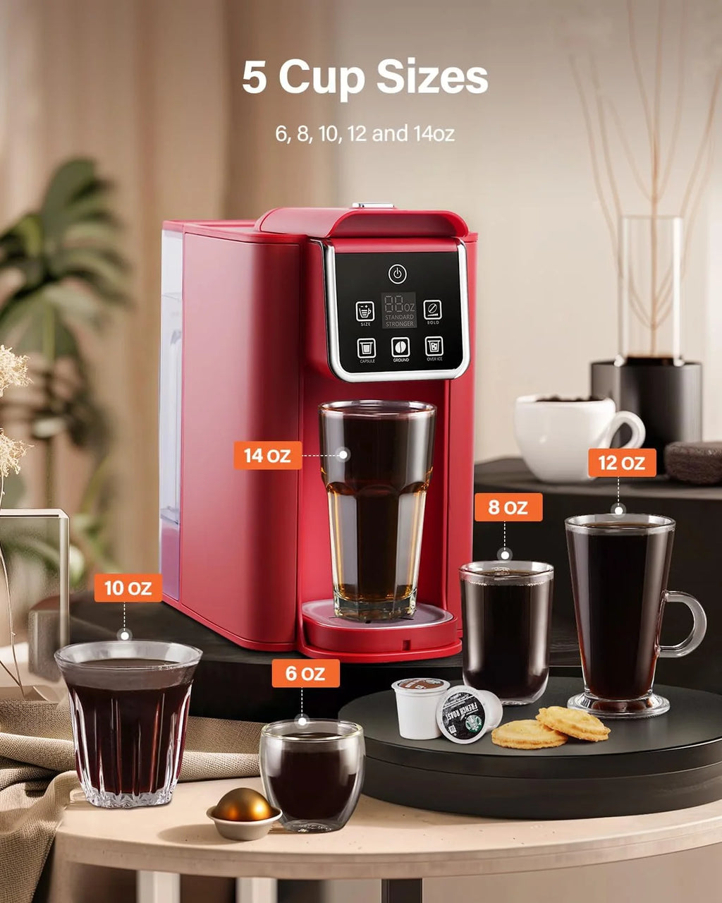 Single Serve Coffee Maker, Hot and Iced Coffee Machine for K-Cup Pods & Ground Coffee, 6 to 14 oz Brew Sizes, 50 oz Removable Water Tank, Bold Brew Setting, Stainless Steel, Black