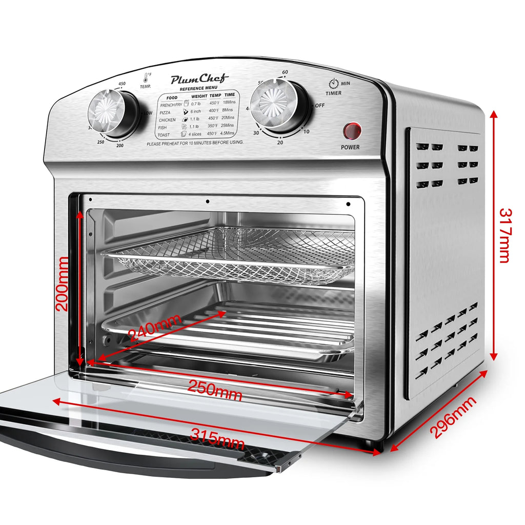 Plum Chef 13QT Air Fryer, 4-Slice Air Fryer Toaster Oven, Space Saving, Visible Window, Oil Free, 1500W, Stainless Steel, Silver