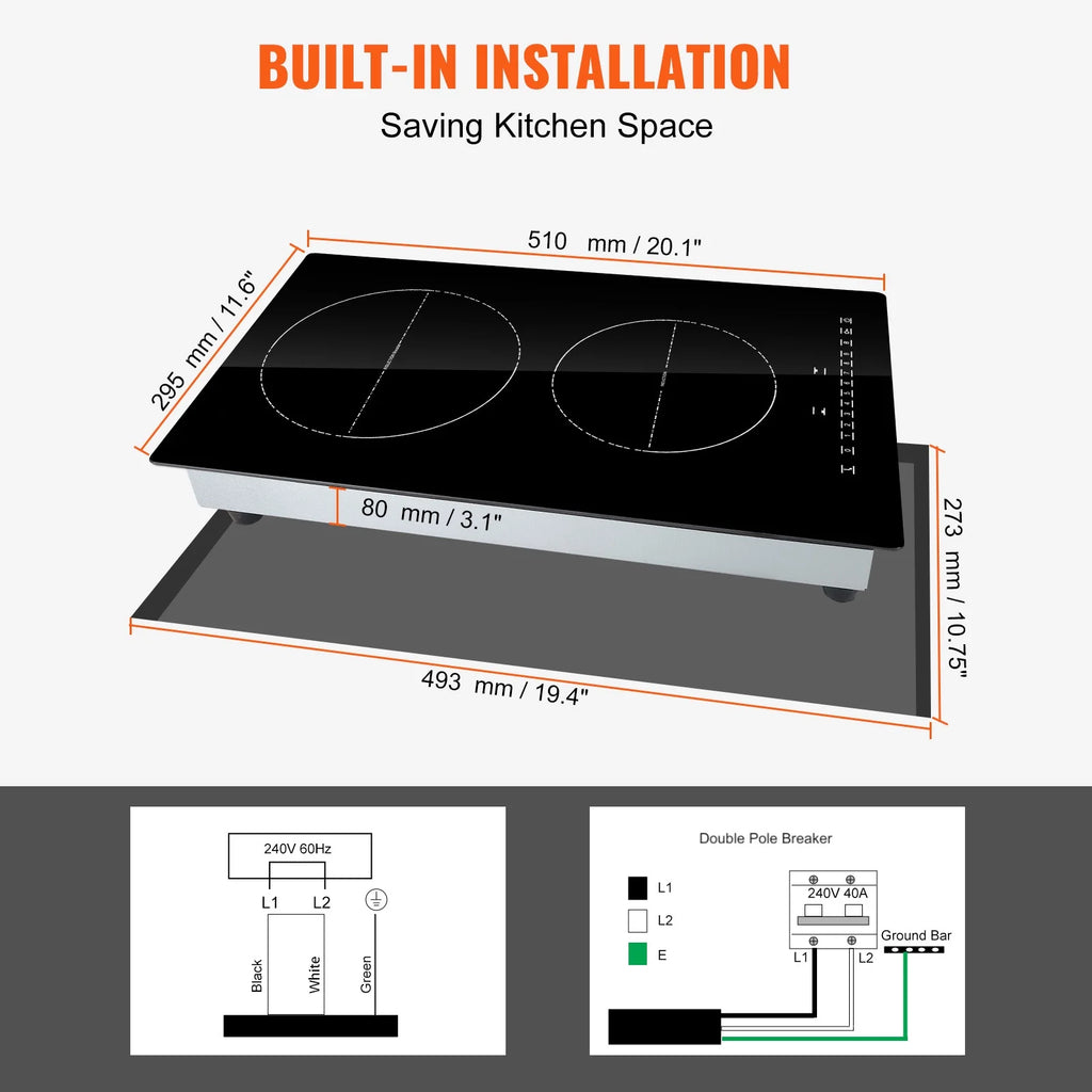 KFFKFF 12'' Built-in Induction Electric Stove Top ,2 Burners Multifunctional Burner Electric Cooktop,9 Heating Level & Sensor Touch Control, Easy to Clean Ceramic Glass Surface