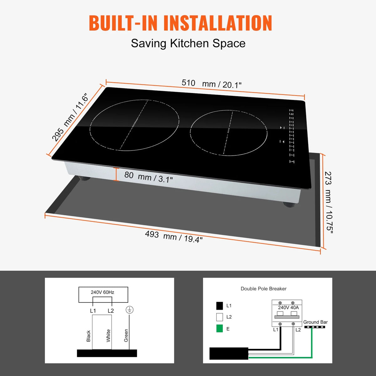 KFFKFF 12'' Built-in Induction Electric Stove Top ,2 Burners Multifunctional Burner Electric Cooktop,9 Heating Level & Sensor Touch Control, Easy to Clean Ceramic Glass Surface