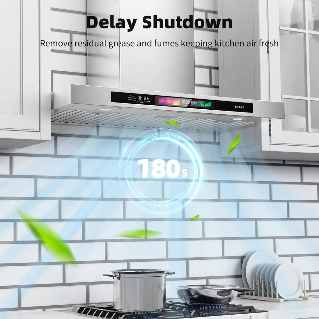BRANO 30 Inch Wall Mount Range Hood Stainless Steel 900 CFM with Voice/Gesture/Touch Control, 4 Speed Exhaust Fan