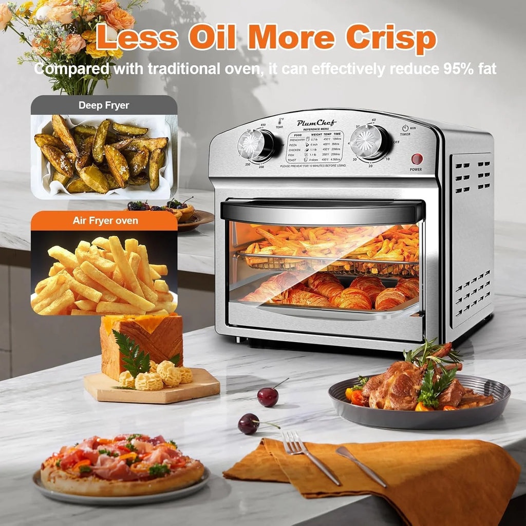 Plum Chef 13QT Air Fryer, 4-Slice Air Fryer Toaster Oven, Space Saving, Visible Window, Oil Free, 1500W, Stainless Steel, Silver