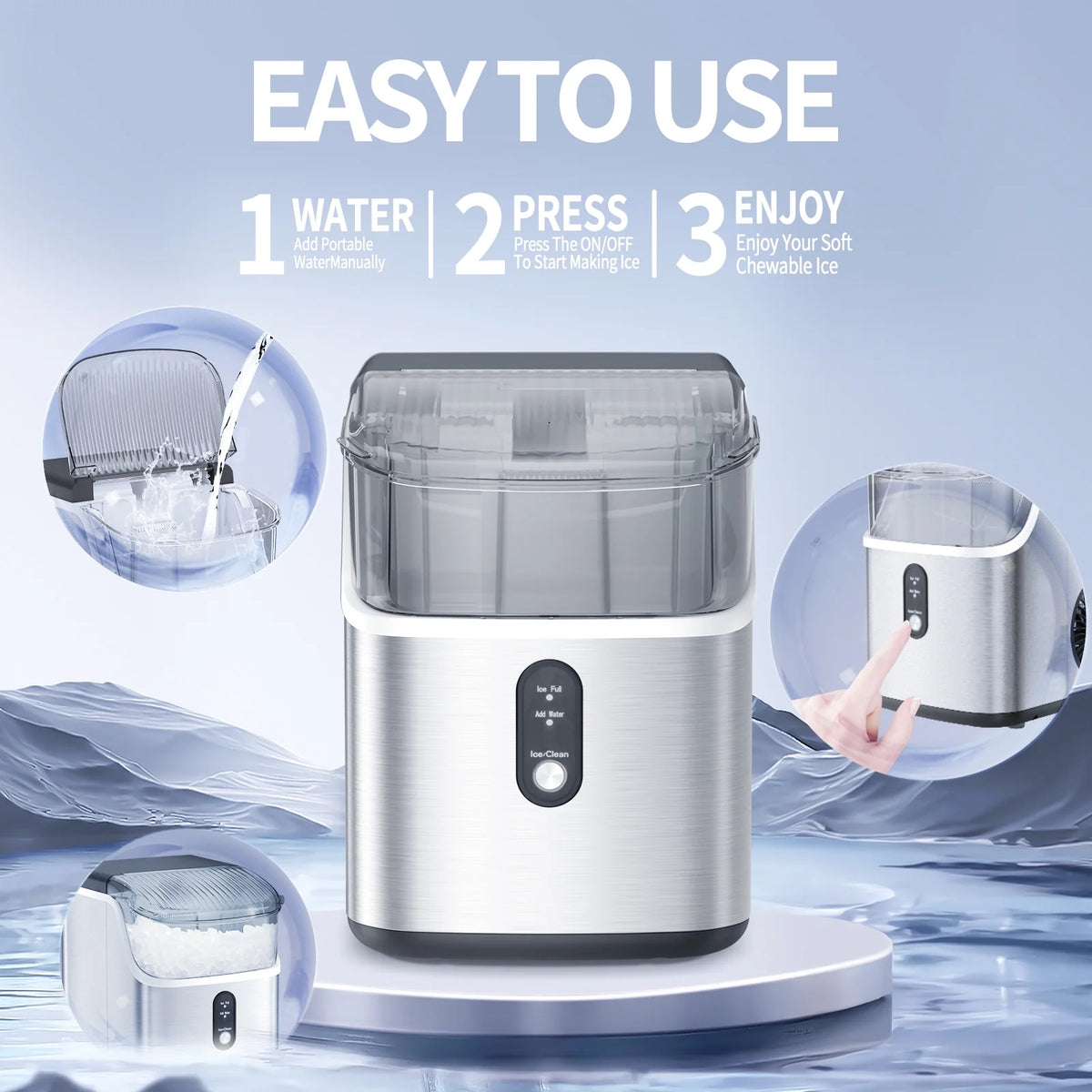 Moifoi Nugget Ice Maker Countertop, Portable Ice Machine with Self-Cleaning Function, 35lbs/24H, Easy Operation, Silver