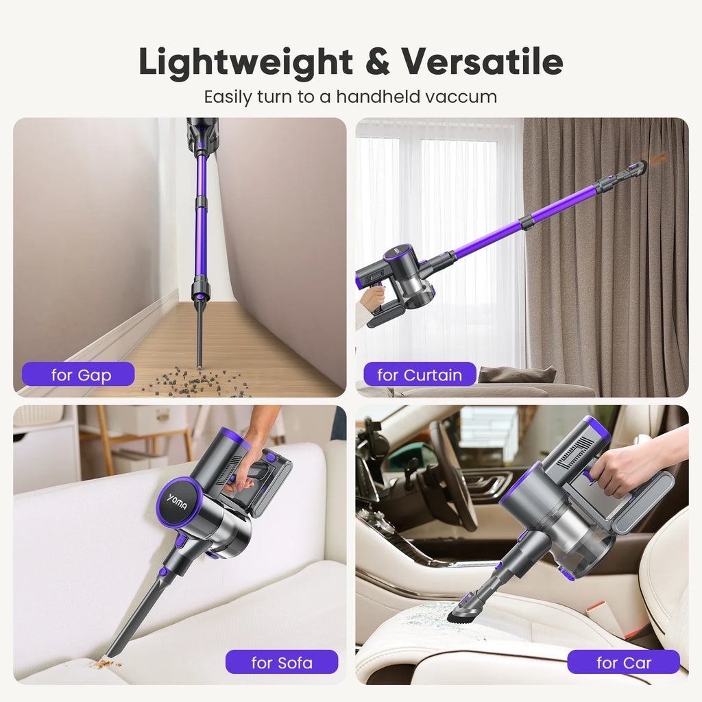 YOMA Cordless Vacuum Cleaner, 6-in-1 Rechargeable Stick Vacuum, 60mins Max Runtime, Lightweight 2200mAh Battery Powerful Vacuum Cleaner for Home Hard Floor Pet Hair-N12