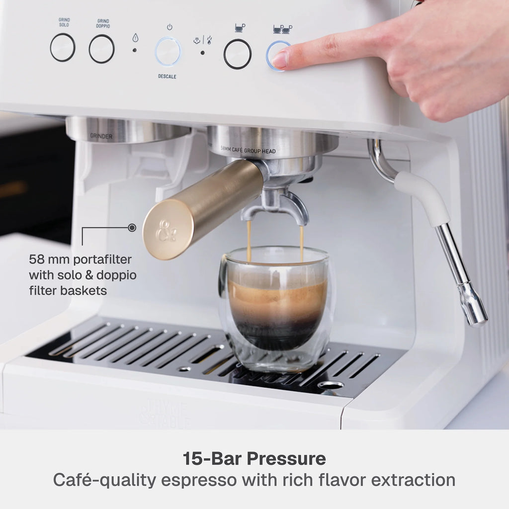 Thyme & Table Barista Grade Espresso Machine with 15-Bar Pressure, Conical Burr Grinder and Steam Wand, Sand White