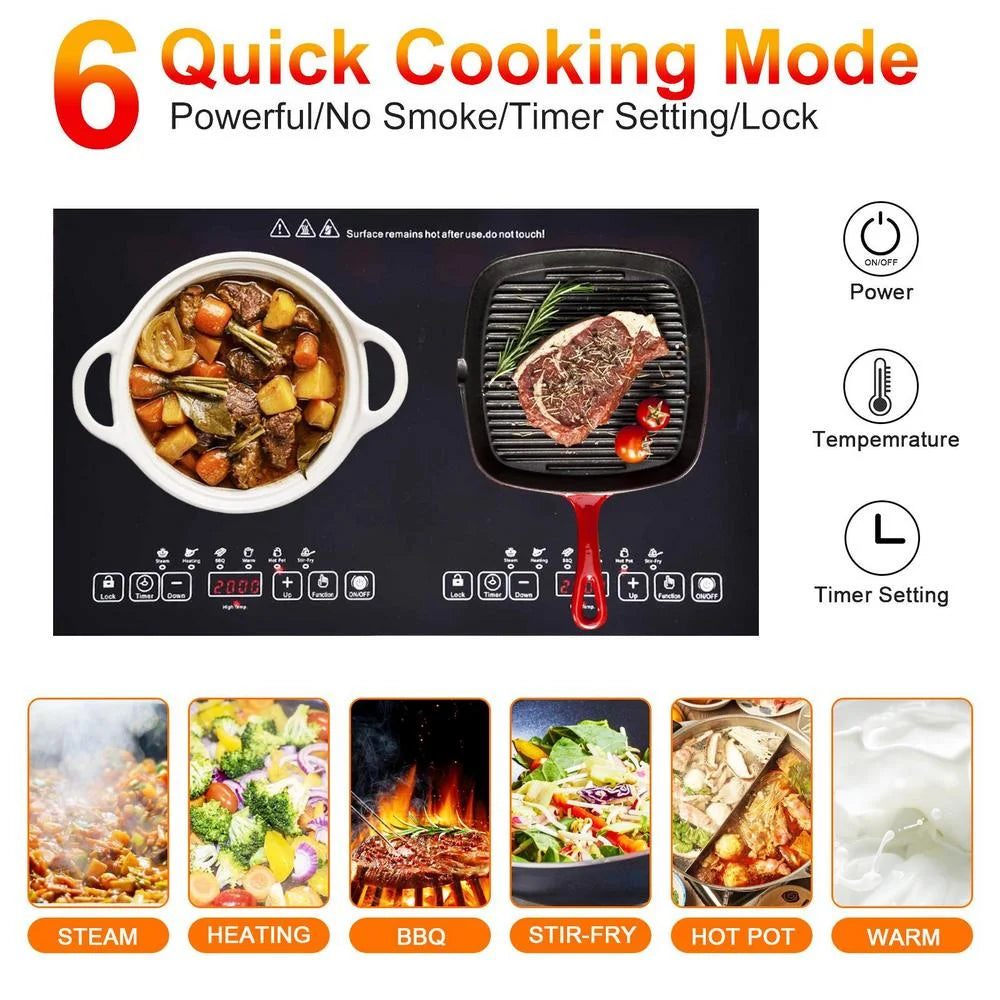 WAASOSCON 2 Burner Electric Cooktop, 2000W+2000W Double Induction Hob, 110V Portable Table Top Stove with Touch Control for Stone Pots