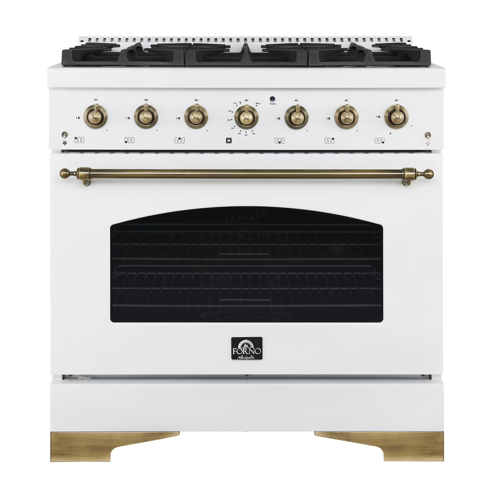 Forno Antico 36-inch Dual Fuel Range White and Antique Brass Design with 6 Sealed Gas Burners and Electric Convection Oven