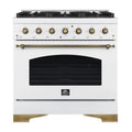 Forno Antico 36-inch Dual Fuel Range White and Antique Brass Design with 6 Sealed Gas Burners and Electric Convection Oven