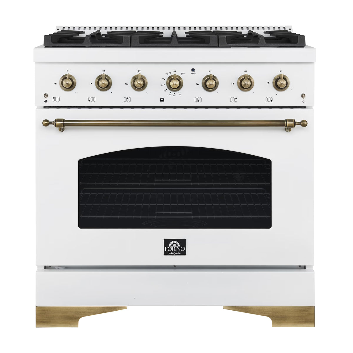 Forno Antico 36-inch Dual Fuel Range White and Antique Brass Design with 6 Sealed Gas Burners and Electric Convection Oven