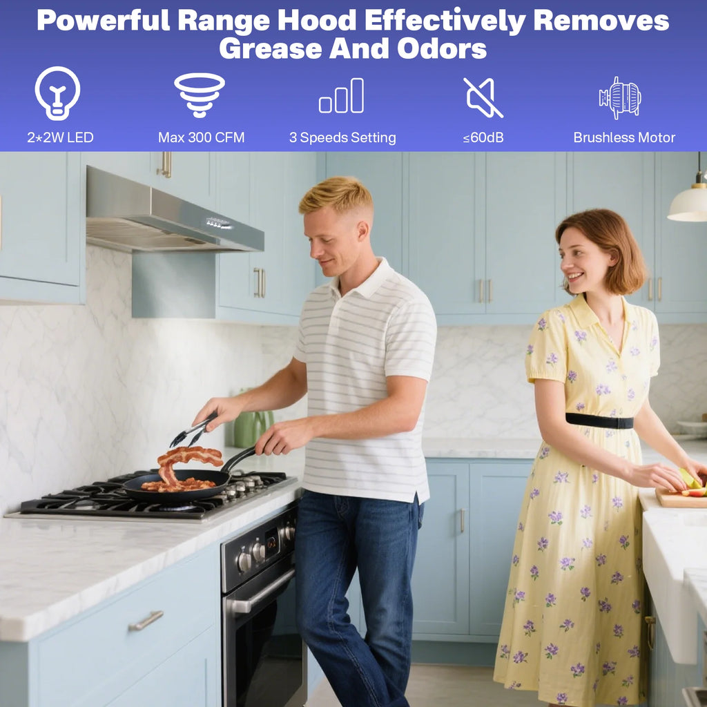 Graceall 29 Inch Under Cabinet Range Hood, Slim Stainless Steel Kitchen Vent Hood 300 CFM Ultra Quiet Brushless Motor, Ducted/Ductless Convertible with LED Lights & Dishwasher Safe Filters