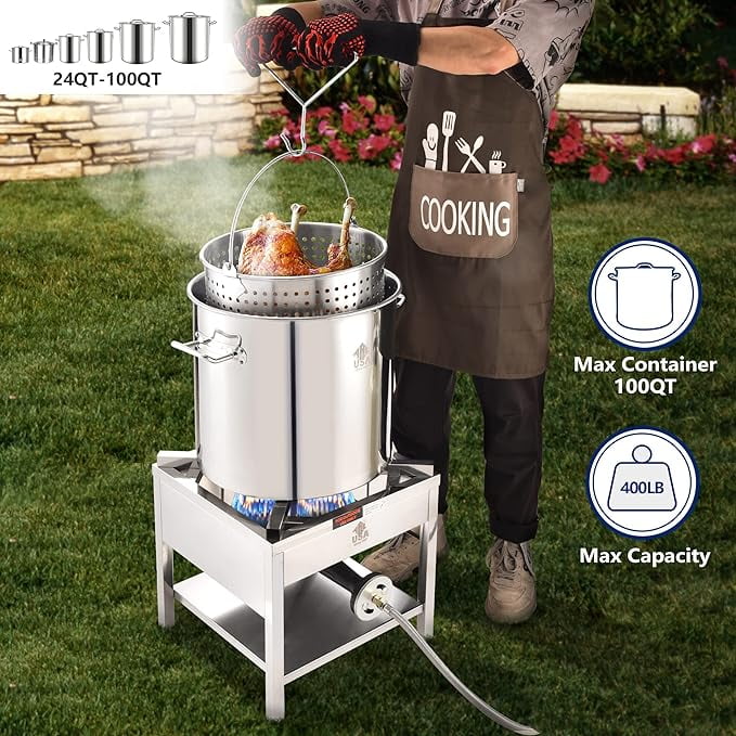 52QT Seafood Boiling Kit, 200,000BTU Propane Burner And Stainless Steel Crawfish Boil Pot w/Basket and Steamer Rack, For Outdoors Cooking and Steaming, Large Turkey Fryer Pot, Lobster Shrimp Pot