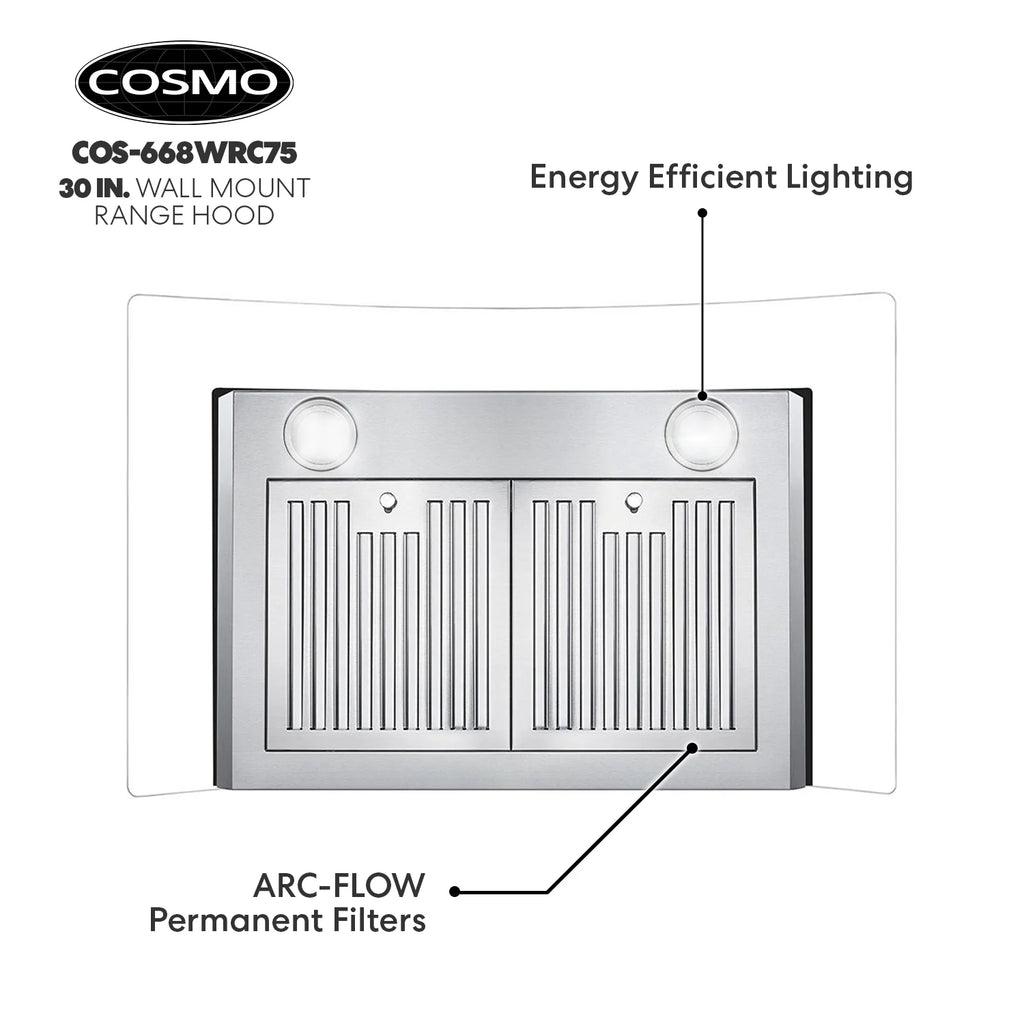 30 in. Vista Collection Ductless Wall Mount Range Hood, Button Controls, LED Lights, Stainless Steel
