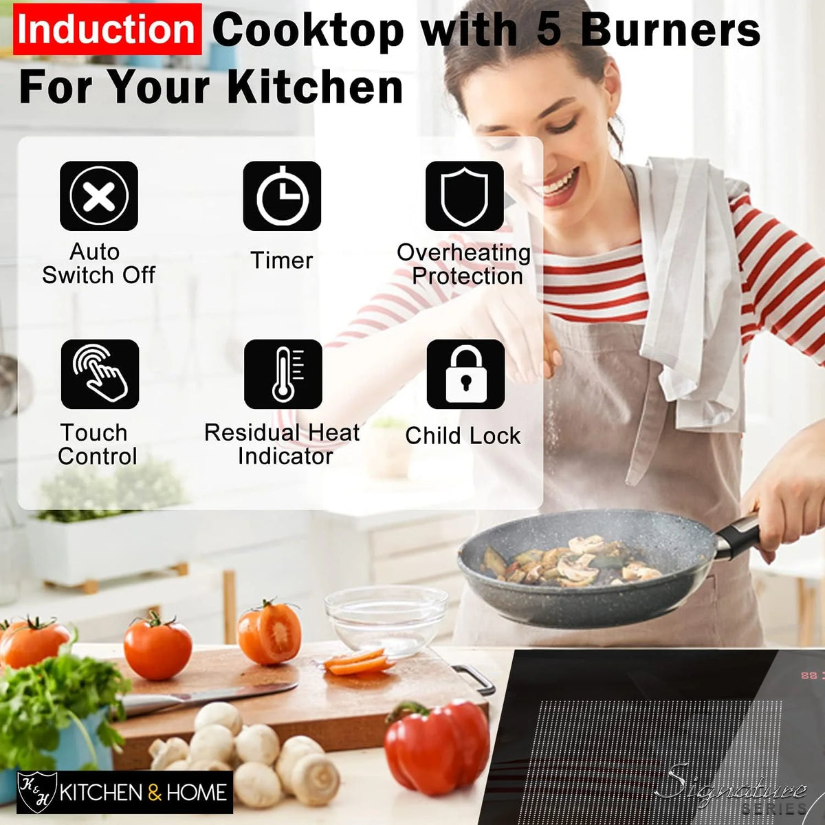 K&H SIGNATURE SERIES 5 Burner 31.5 Inch Built-in Induction Electric Stove Top Ceramic Cooktop Touch Control 240V 9200W IN30-9200FLX