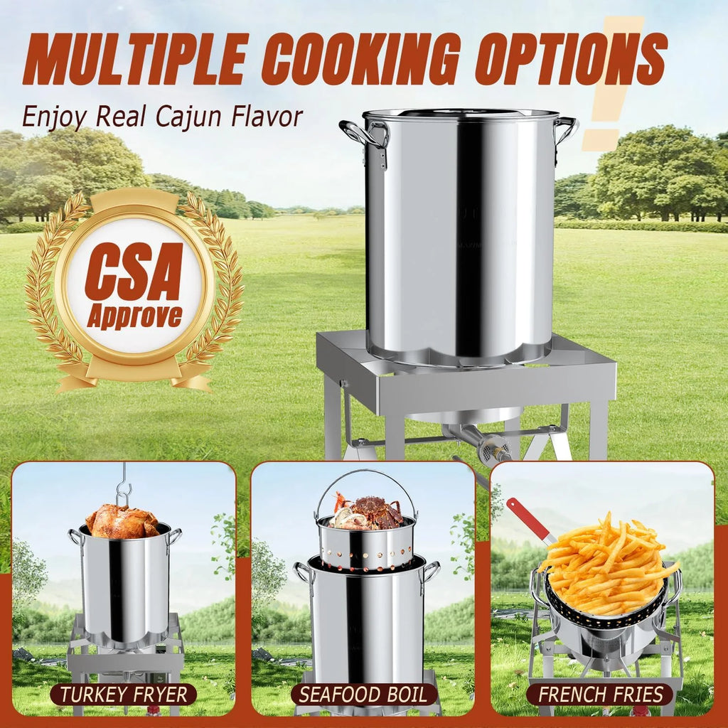 30QT Stainless Steel Turkey Fryer Kit, Stainless Steel Stand with 55,000BTU Propane Burner Stove, Waterproof Cover & Skimmer, Turkey Deep Fryer Pot, Outdoor Fish Fryer, Crawfish Boiler