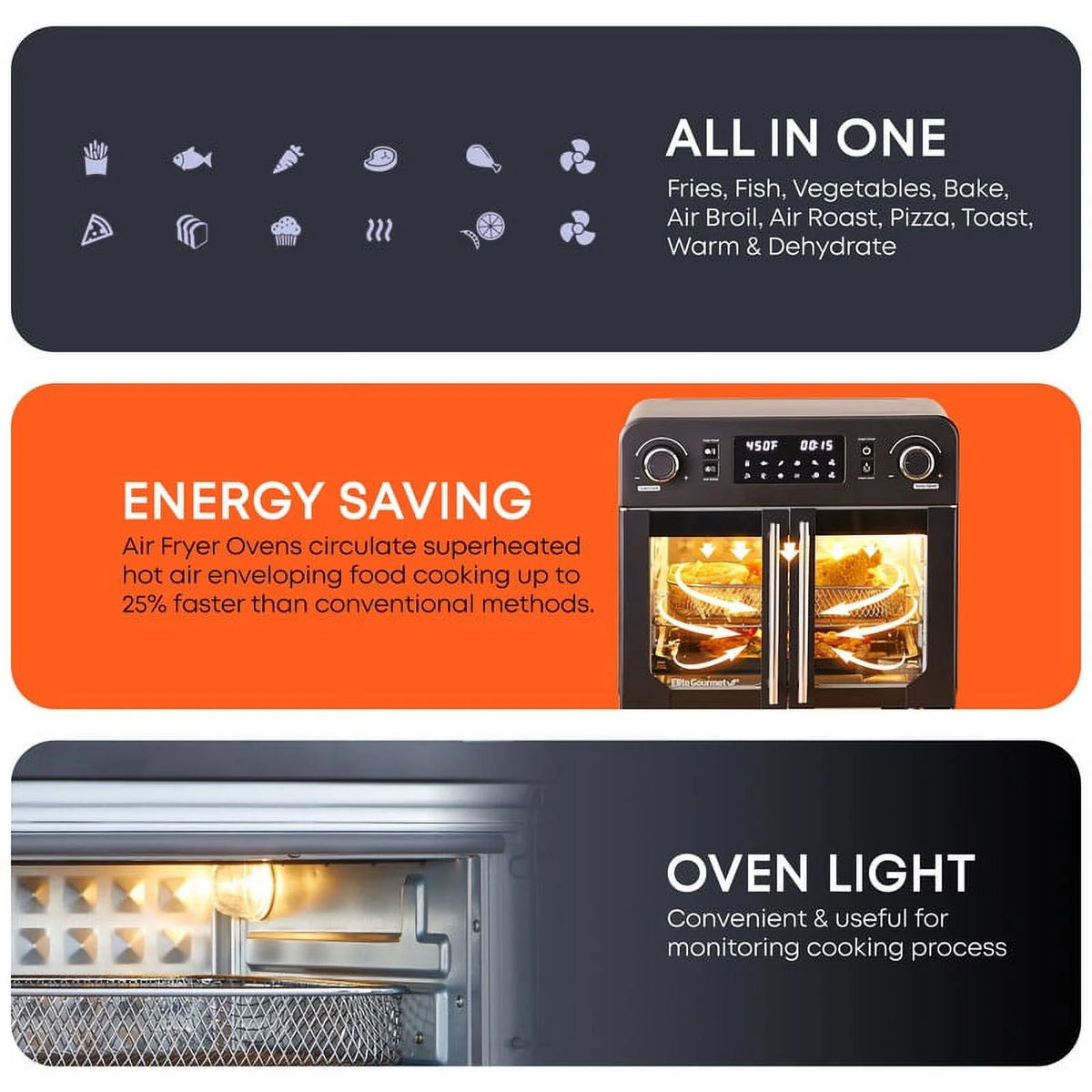Elite Gourmet French Door 23 L Air Fryer Oven, Black - Programmable