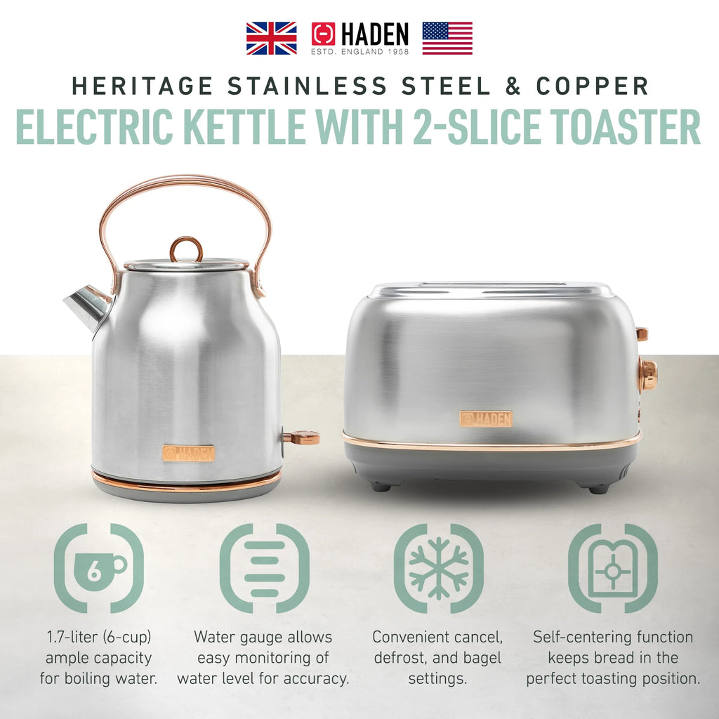 Haden Heritage 1.7 Liter Electric Kettle with 2 Slice Bread Toaster, White