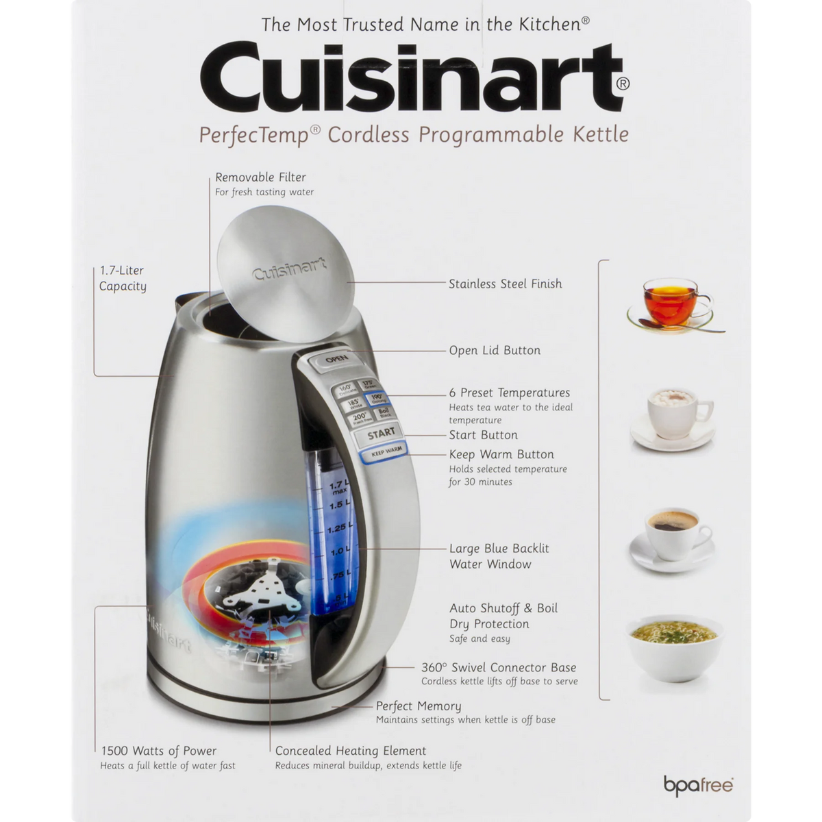 Cuisinart PerfectTemp Cordless Electric Kettle Brushed Stainless Steel (CPK-17) with 1 YR CPS Enhanced Protection Pack