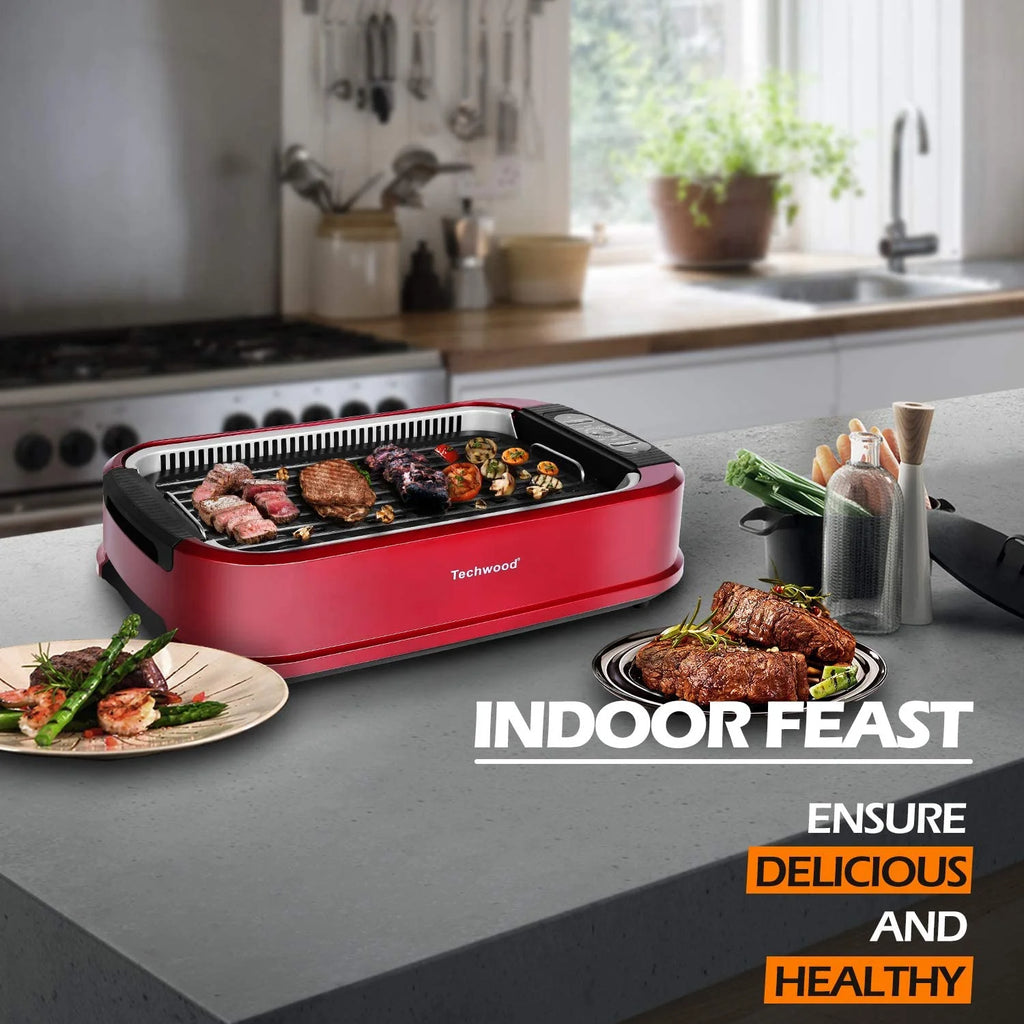 Techwood Indoor Smokeless Grill, 1500W, Black, Electric Portable Korean BBQ Grill with Tempered Glass Lid