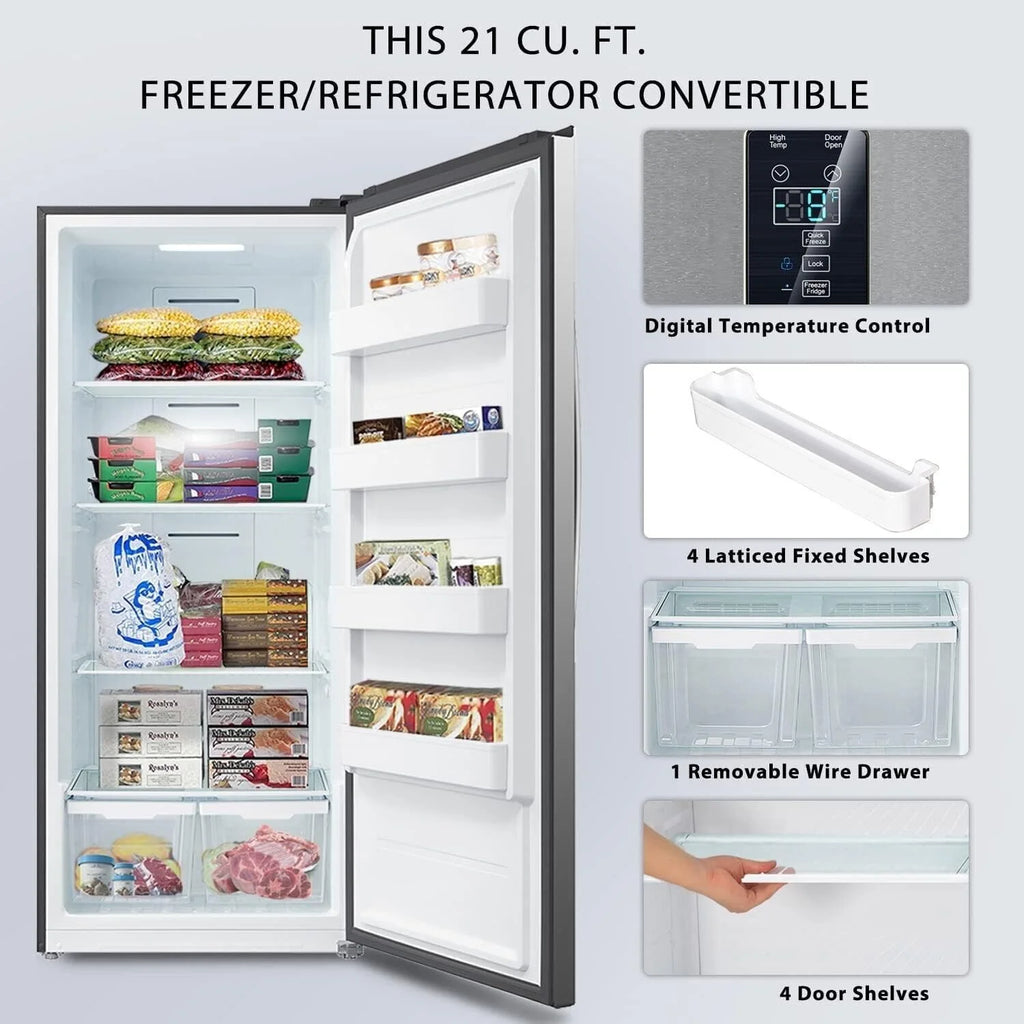 Smad Upright Freezer, Standup 21 Cu ft  Frost Free with Drawers Stainless Steel Standing Convertible Refrigerator for Garage Kitchen Use