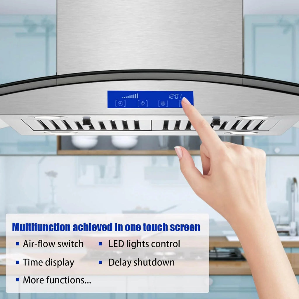 Island Range Hood 30 Inch 700 CFM Ceiling Mount Stainless Steel Kitchen Vent Hood Touch Screen Control Kitchen Exhaust Hood Ducted Ductless Convertible 3-speed Ventilation Fan