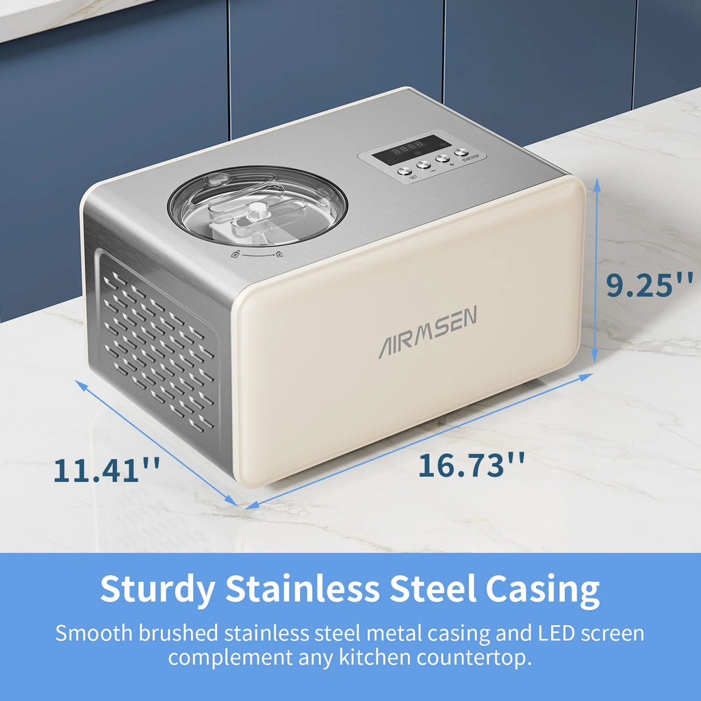 AIRMSEN 2.1 Qt Ice Cream Maker, No Pre-Freezing Electric Ice Cream Machine with Compressor and LCD Timer for Gelato, Frozen Yogurt, Sorbet, White