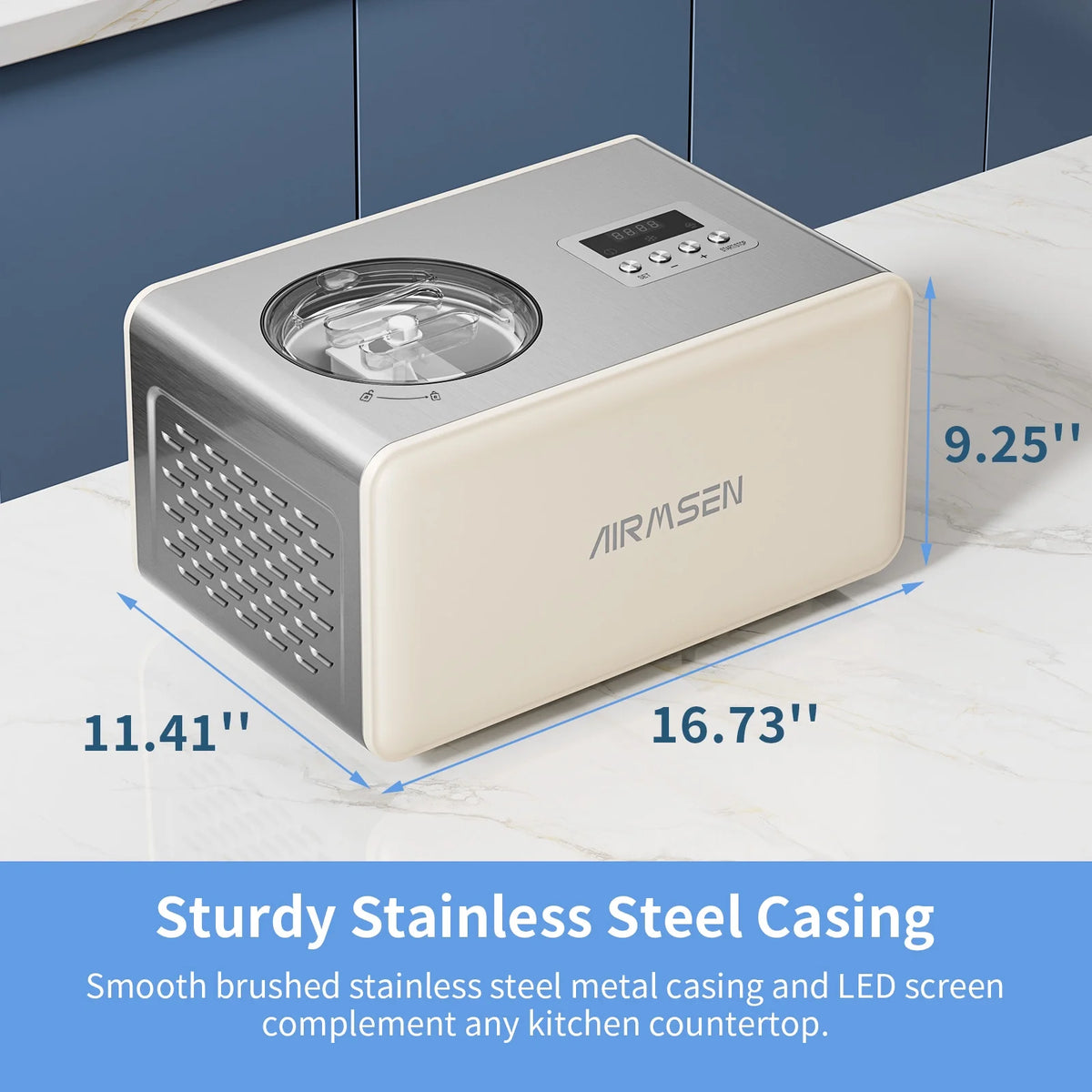 AIRMSEN 2.1 Qt Ice Cream Maker, No Pre-Freezing Electric Ice Cream Machine with Compressor and LCD Timer for Gelato, Frozen Yogurt, Sorbet, White