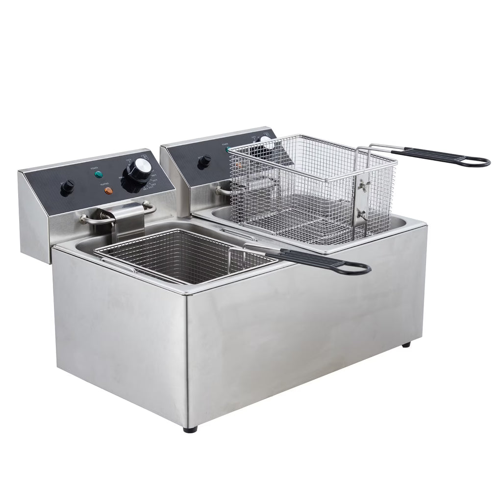 Yesurprise 6/10/12L Commercial Electric Deep Fryer Dual Tank w/Basket & Lid Countertop Stainless Steel Deep Fryer for Large Tank French Fries Onion Rings