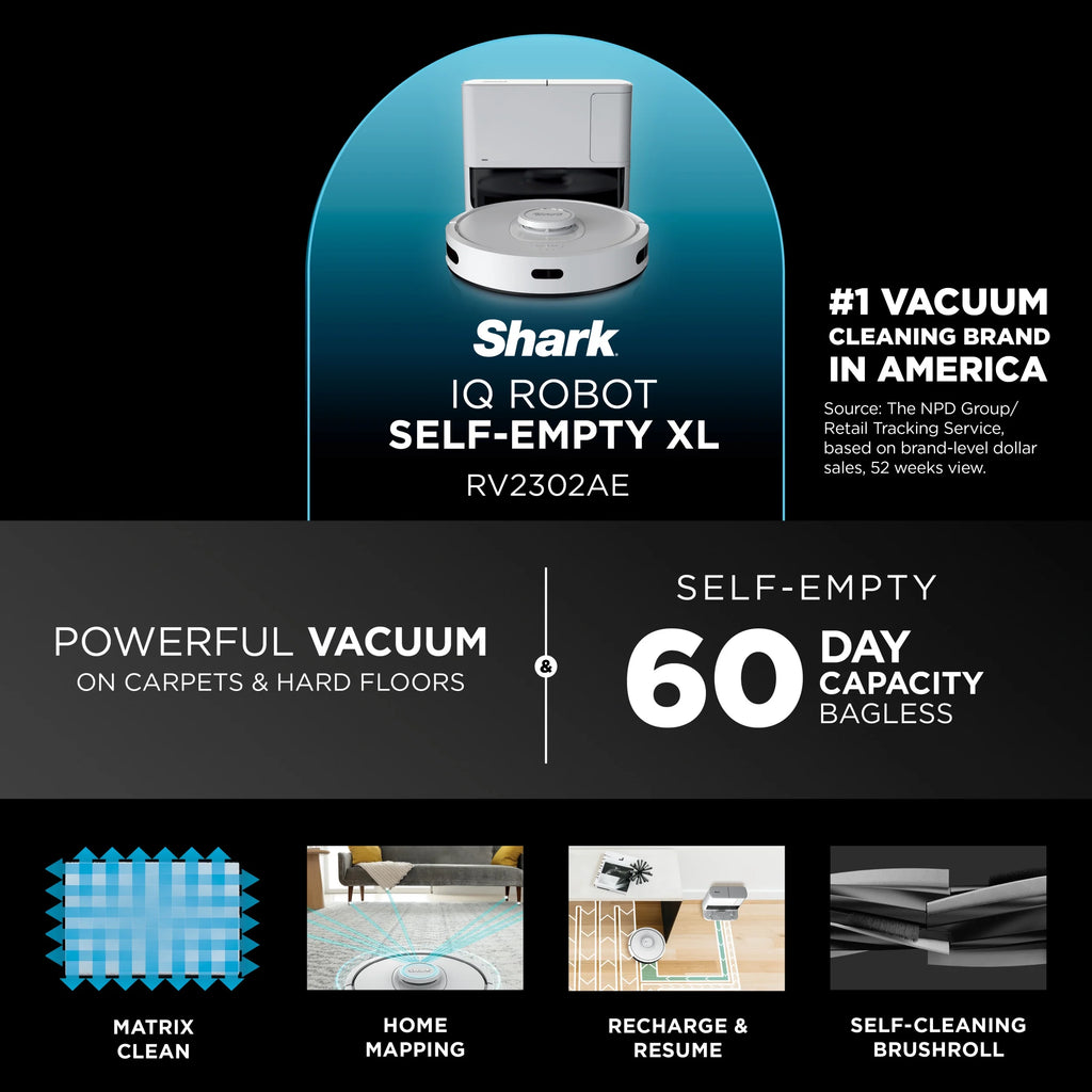 Shark® Matrix�?IQ Robot Vacuum, Bagless 60 Day Capacity Base, Multi-Surface Cleaning, Self Emptying, Home Mapping, RV2302AE